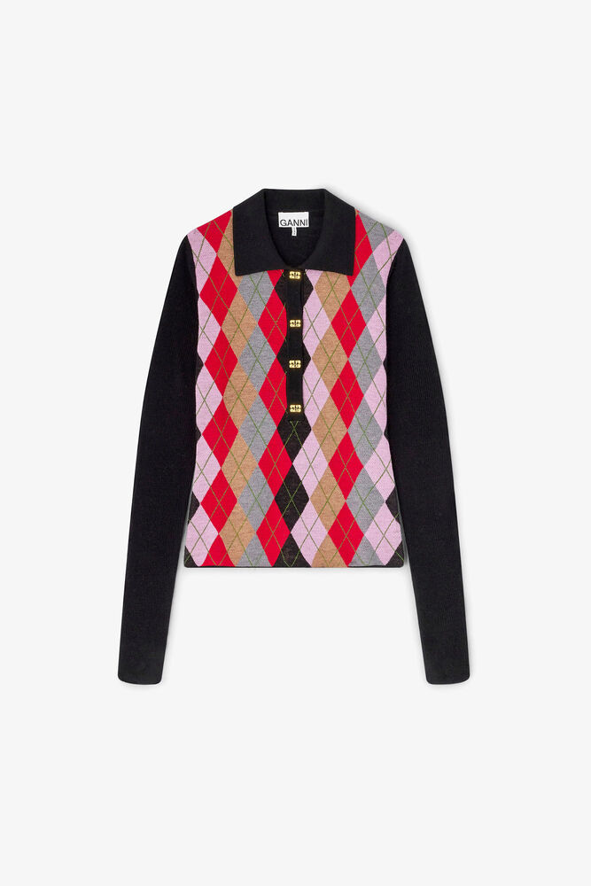 Fine Merino Harlequin Polo, Jet Black