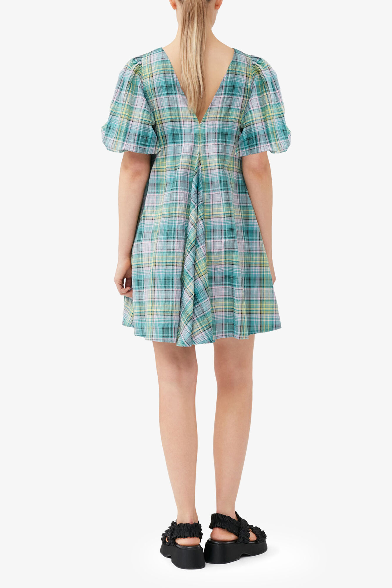 Seersucker Check V-Neck Mini Dress, Organic Cotton, in colour Lagoon - 2 - GANNI