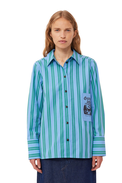 가니 GANNI Re-cut Striped Cotton Shirt,Silver Lake Blue