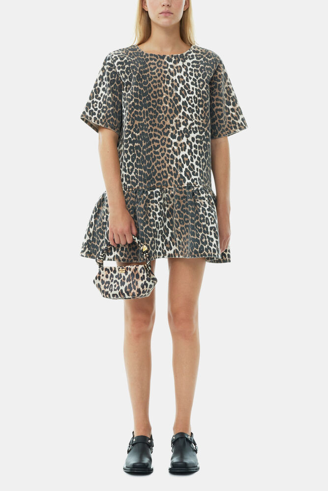 Leopard Open-back Mini Denim Dress, Leopard