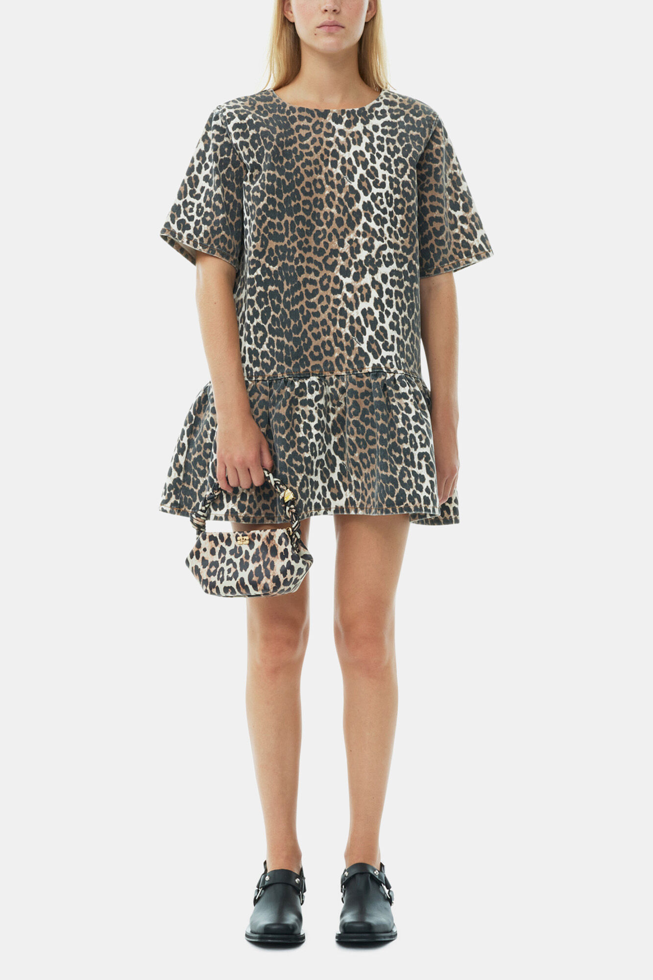 Leopard Open-back Mini Denim Dress, Organic Cotton, in colour Leopard - 1 - GANNI