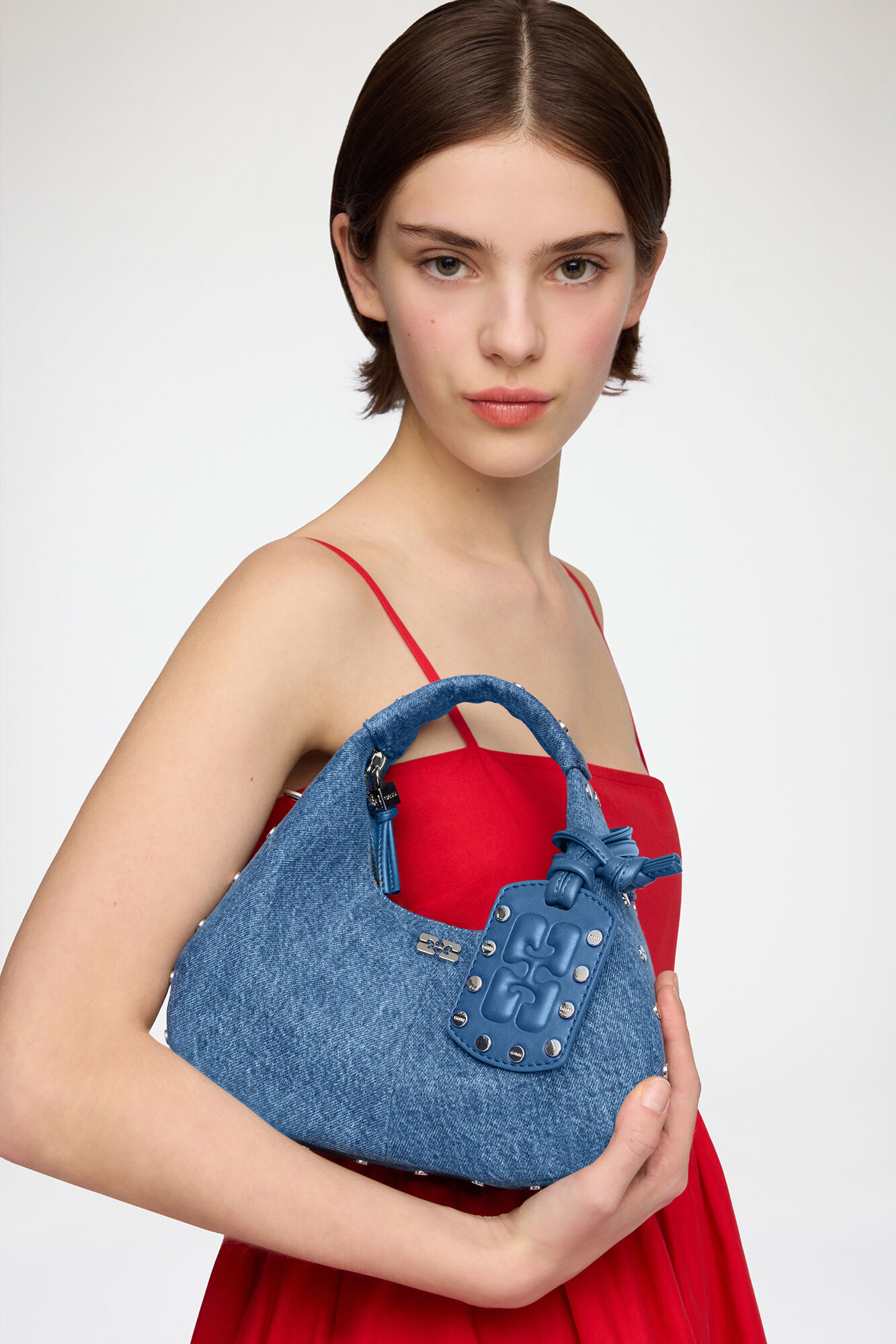 Mid Blue Vintage Mini Hobo Bag with Studs in Denim | GANNI US