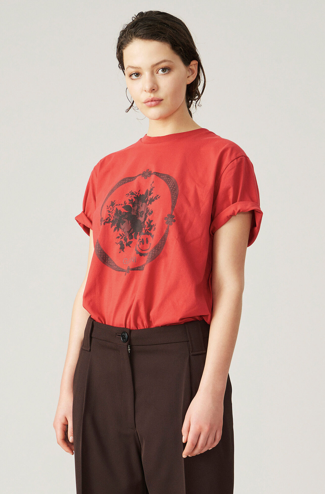 Basic Cotton Jersey T Shirt Flower Border Ganni Lv