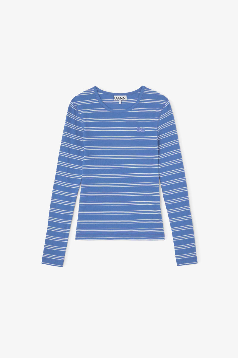 Long-sleeve Top with Stripes, Organic Cotton, in colour Nouvean Navy - 1 - GANNI