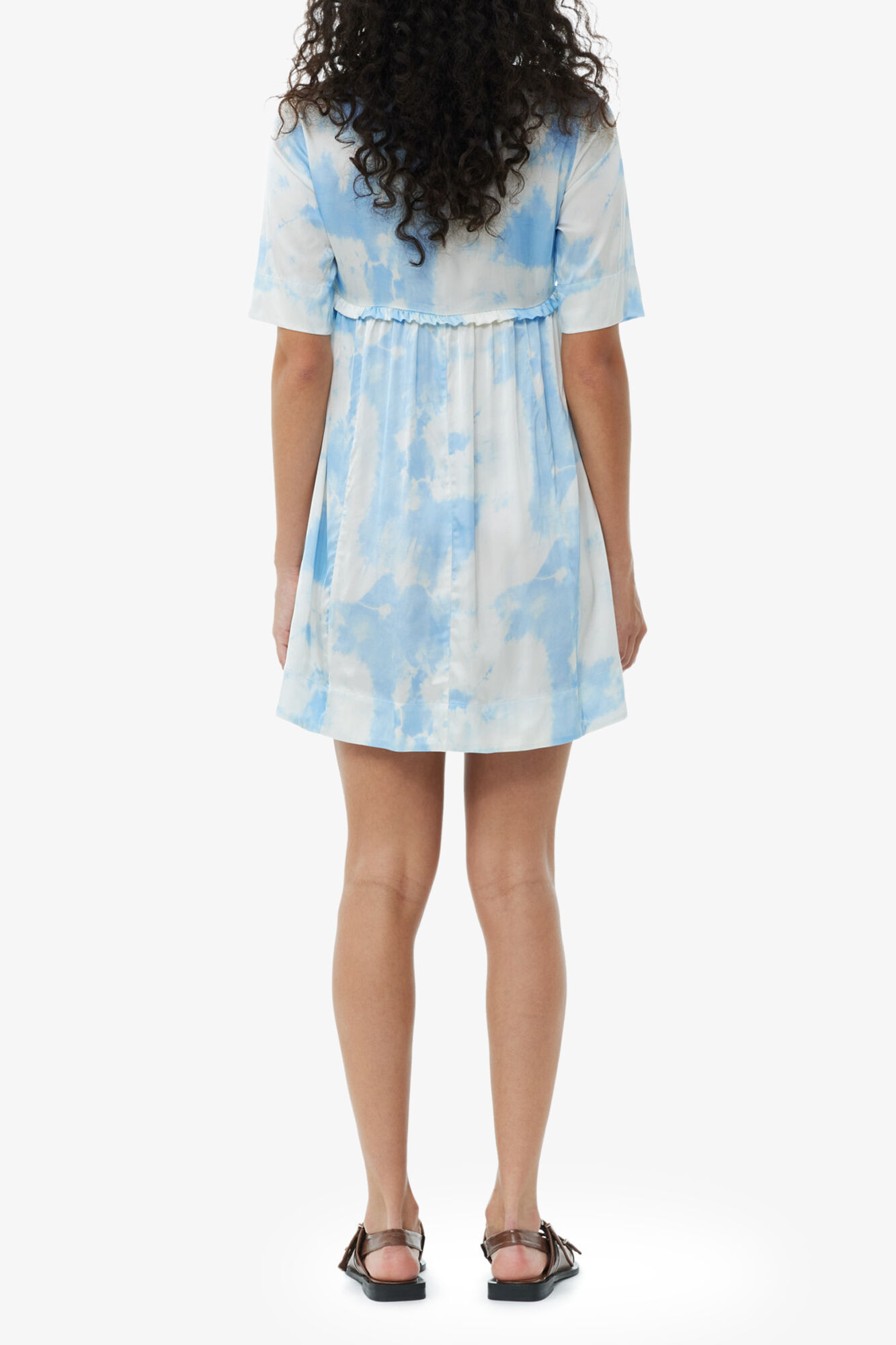 Printed Satin Short Sleeve Mini Dress, Elastane, in colour Powder Blue - 4 - GANNI