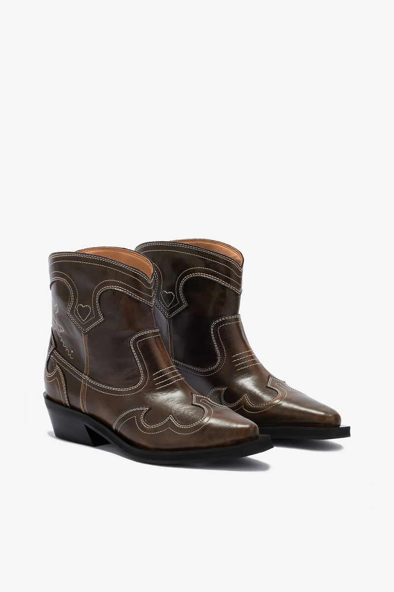 Low Shaft Embroidered Western Boots, Polyurethane, in colour Dark Olive - 2 - GANNI