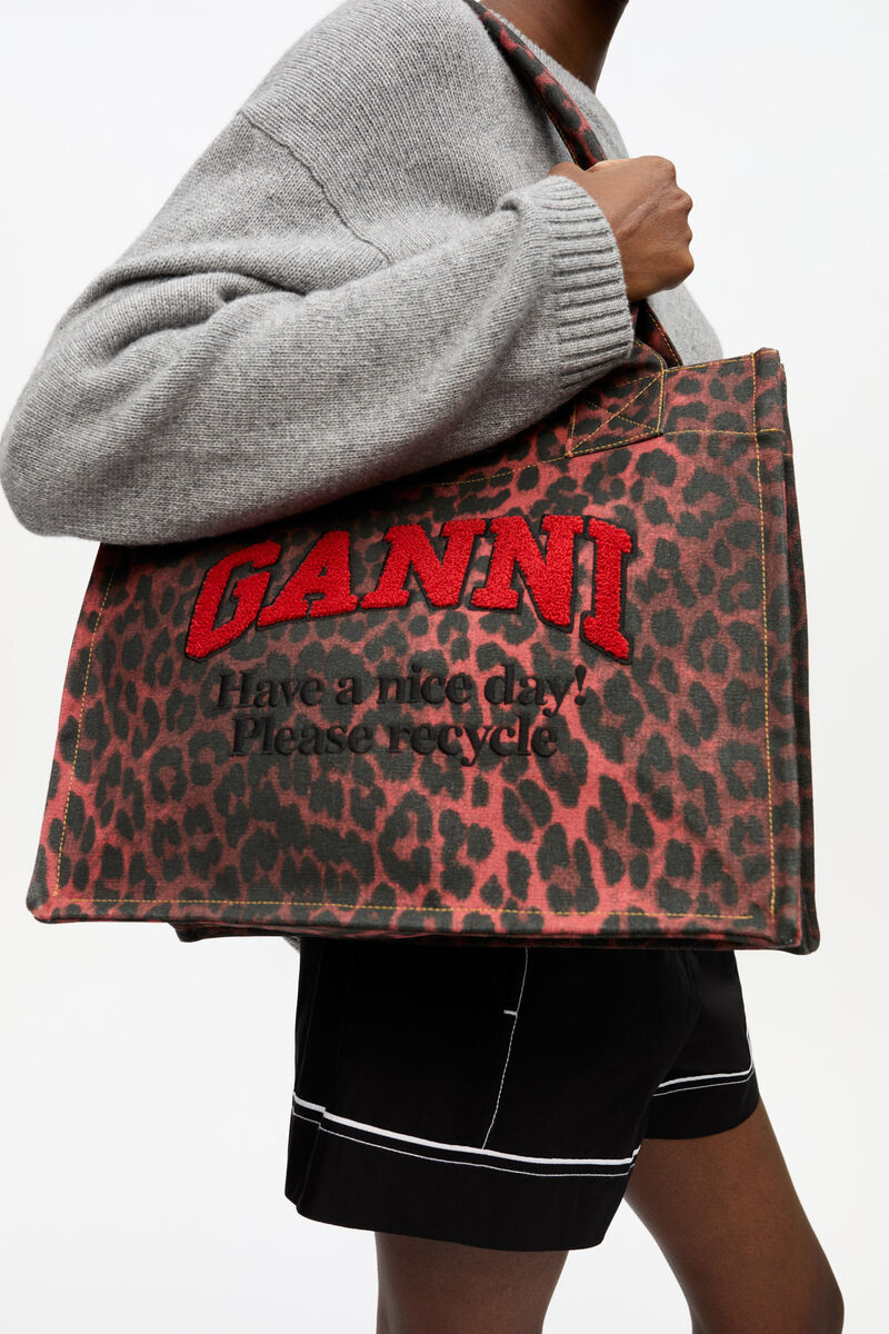 Stor tote med leopardprint, Recycled Cotton, in colour Racing Red - 2 - GANNI