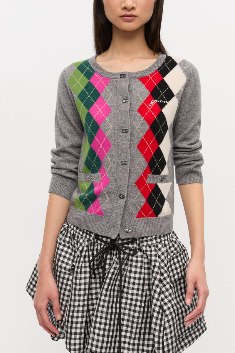 Grey Check Cardigan, Merino Wool, in colour Paloma Melange - 1 - GANNI