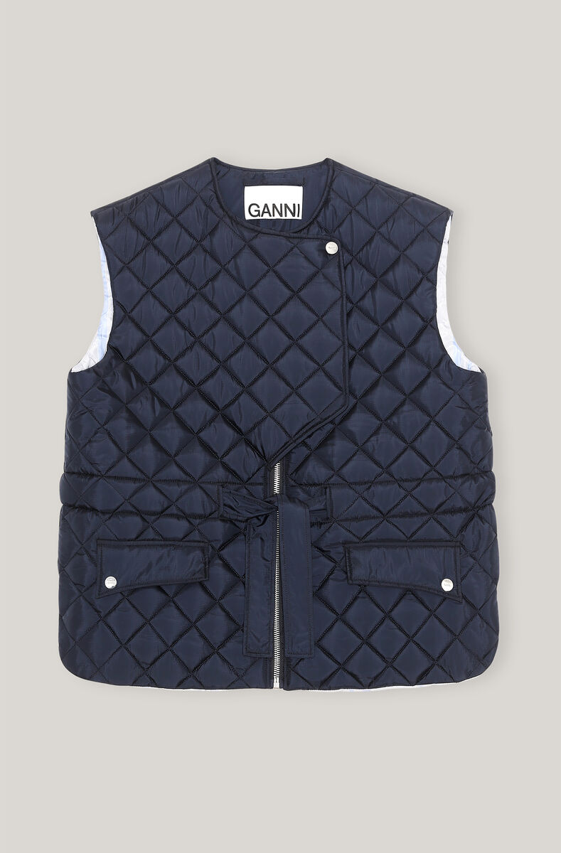 Recycled Ripstop Quilt Quilted Vest, Polyester, in colour Sky Captain - 1 - GANNI