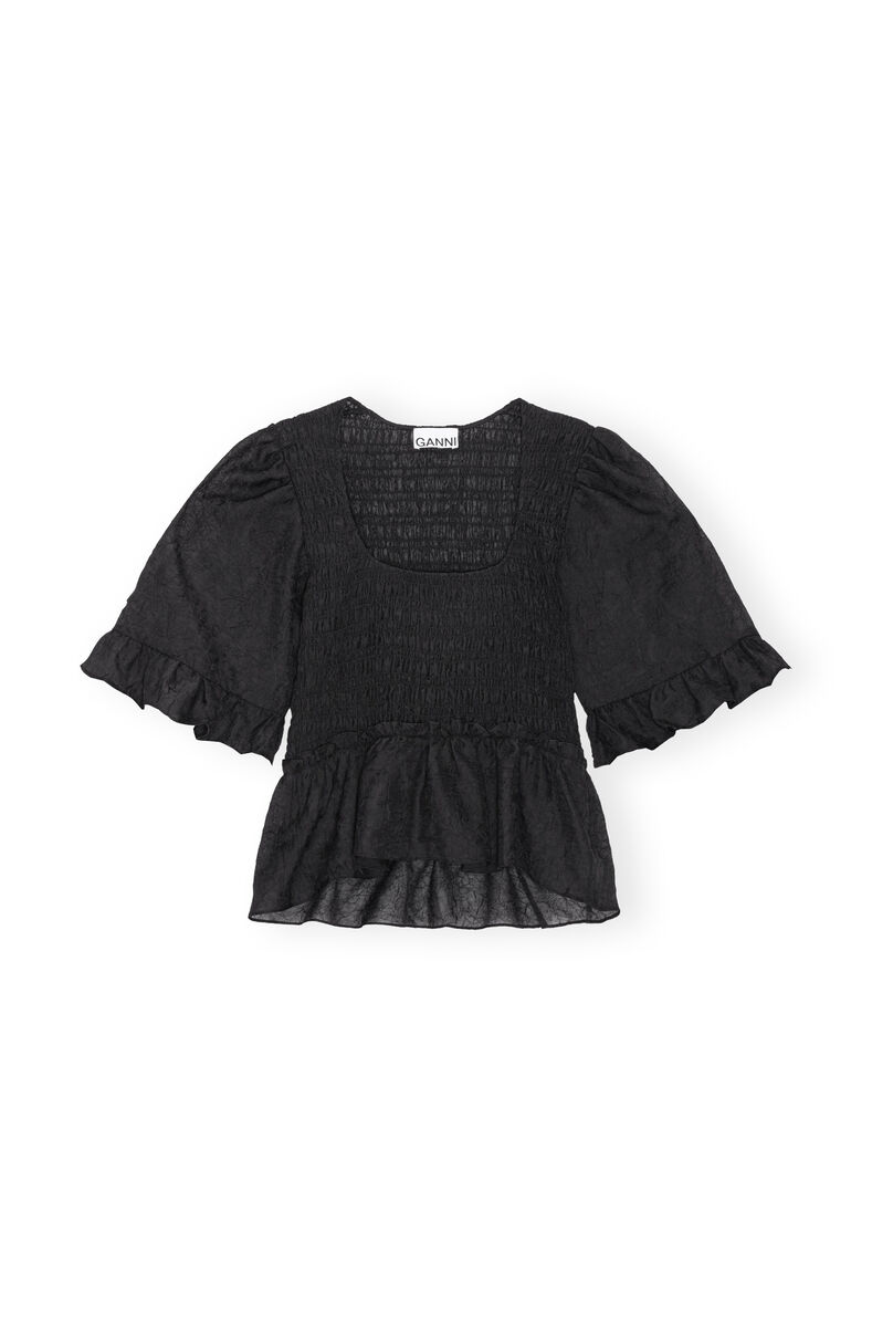 Black Crinkled Georgette Smock Blouse, Recycled Polyester, in colour Black - 1 - GANNI