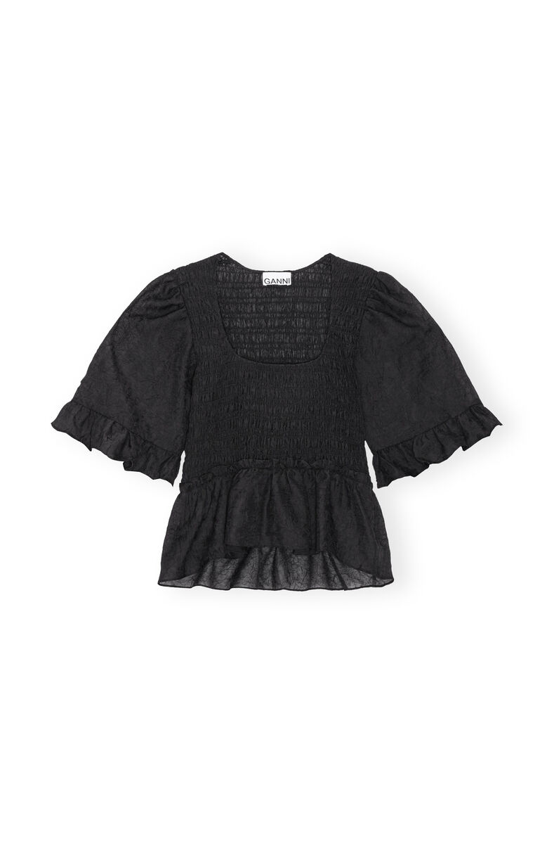 Black Crinkled Georgette Smock blus, Recycled Polyester, in colour Black - 1 - GANNI