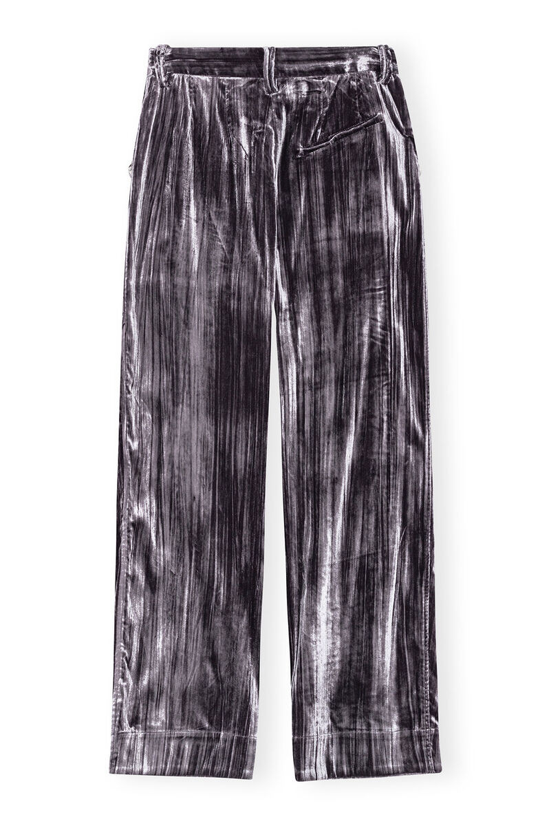 Grey Striped Velvet Relaxed Pleated Trousers, Elastane, in colour Phantom - 2 - GANNI