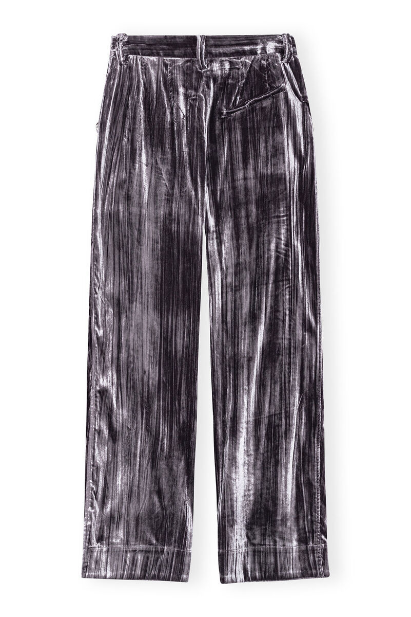 Grey Striped Velvet Relaxed Pleated byxor, Elastane, in colour Phantom - 2 - GANNI