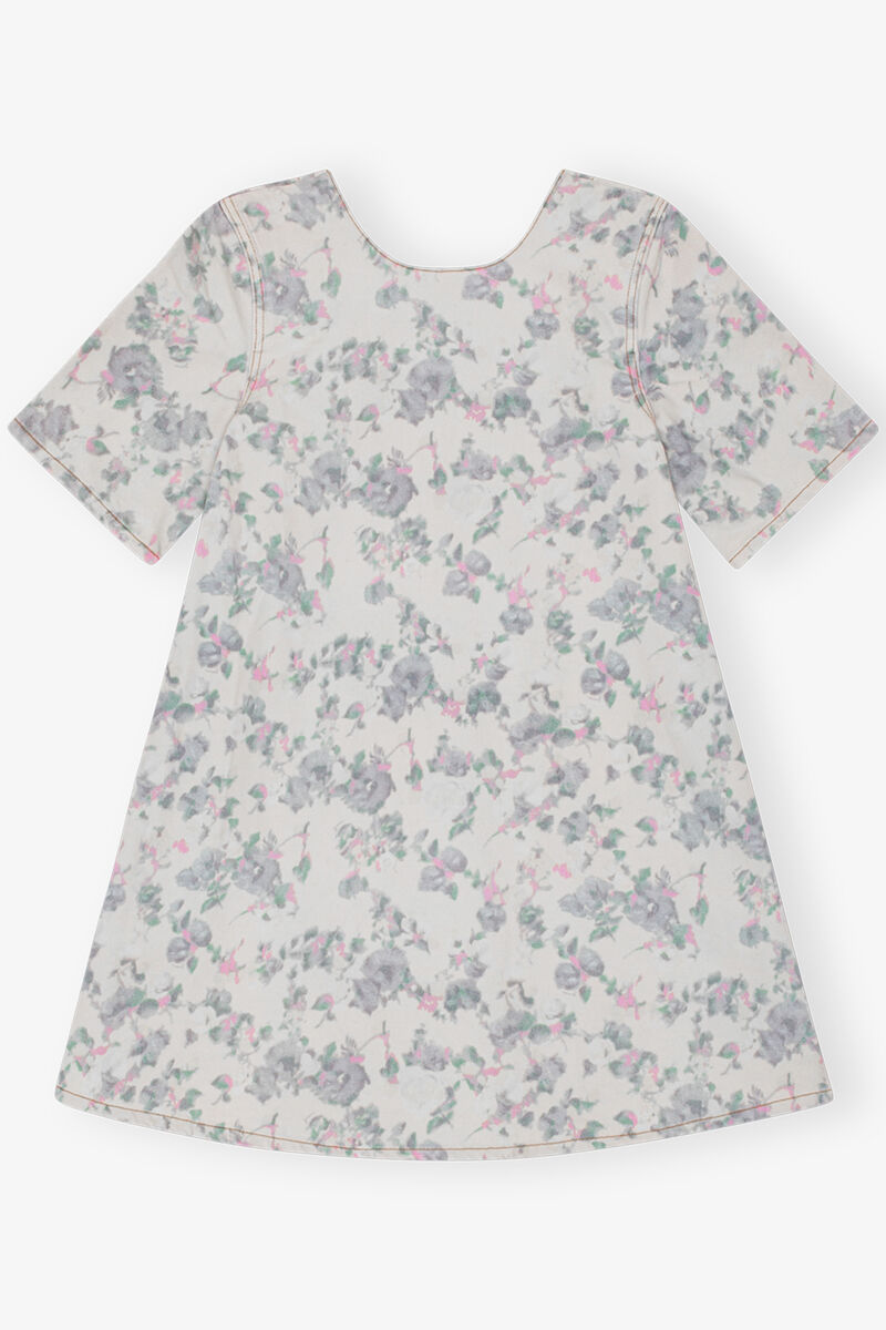 Floral Printed Denim Open Back Mini Dress, Cotton, in colour Tofu - 1 - GANNI