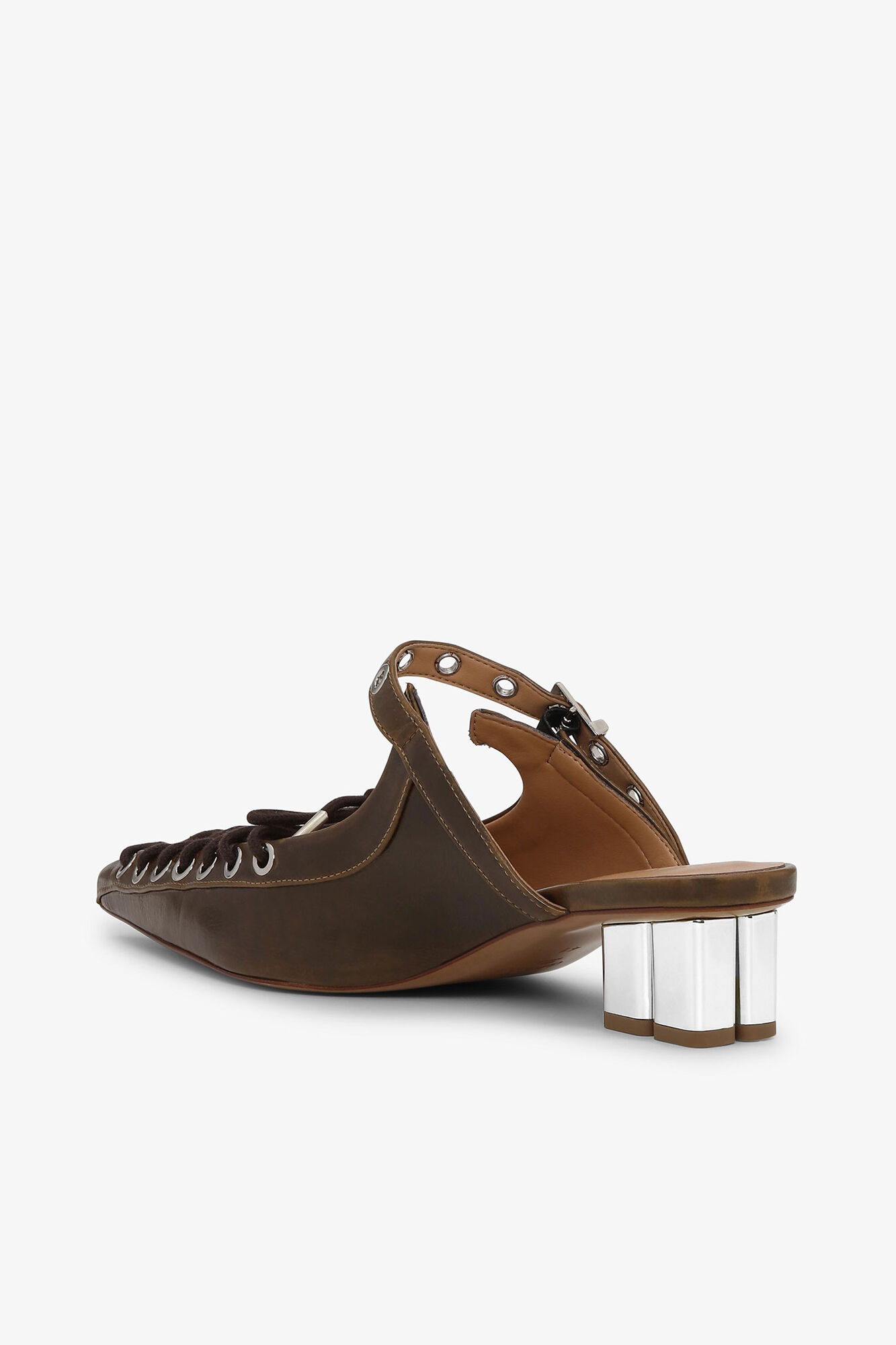GANNI レディースウエスタンミュール　ブラウン Lace-Up Mules in Dark-Olive Oleatex | GANNI US