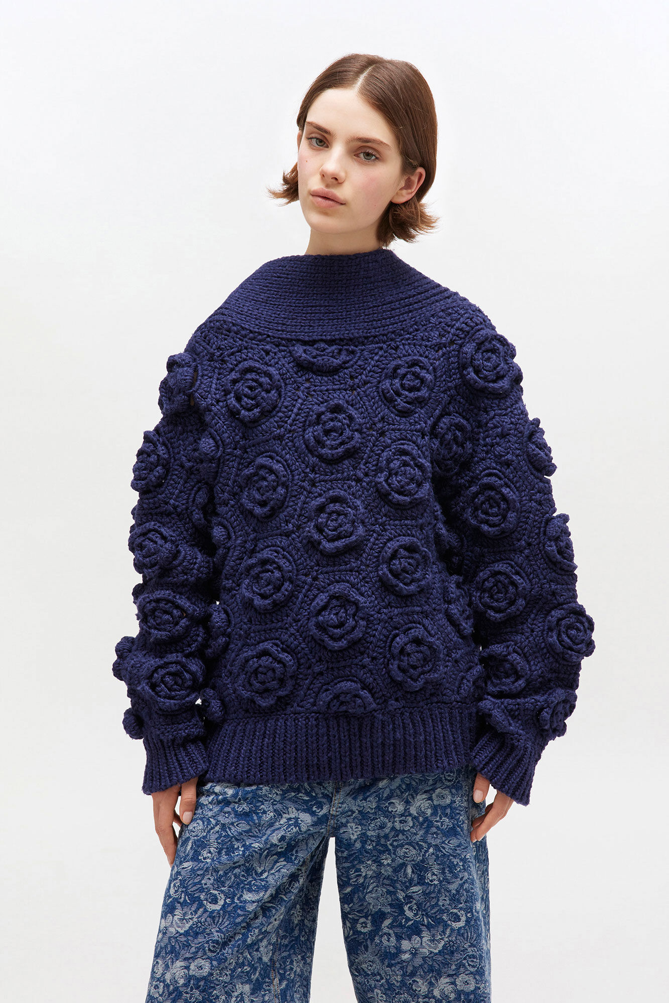 Dark Blue Flower Crochet Jumper, Wool, in colour Sky Captain - 2 - GANNI