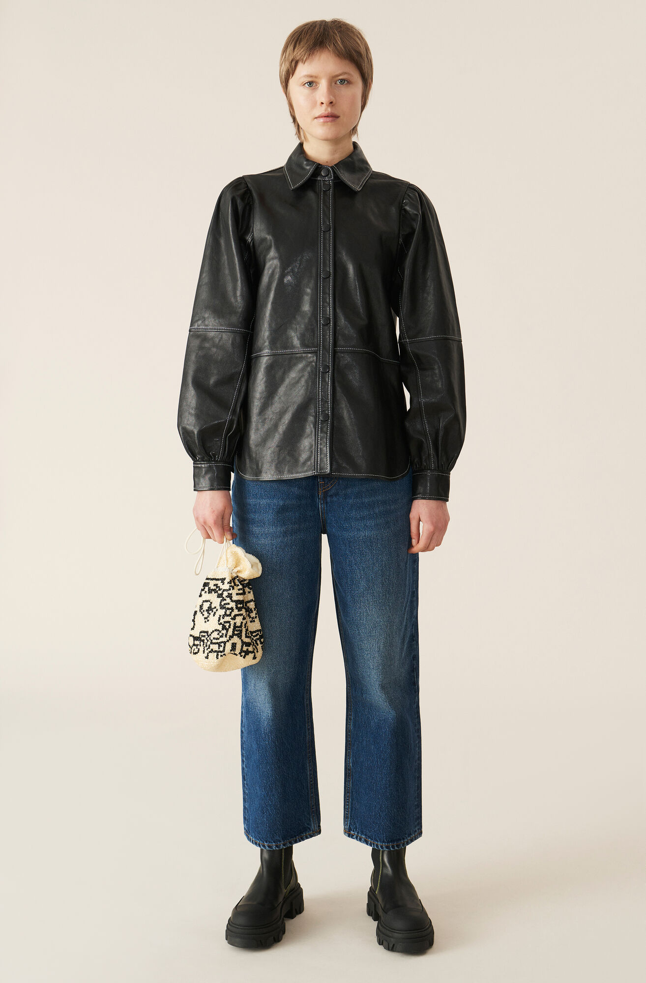 Lamb Leather Skjorta, in colour Black - 2 - GANNI