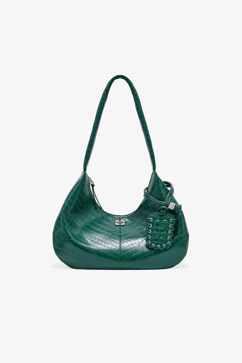 Mittelgroße Croco-Hobo-Tasche in Grün, Lyocell, in colour Pineneedle - 1 - GANNI