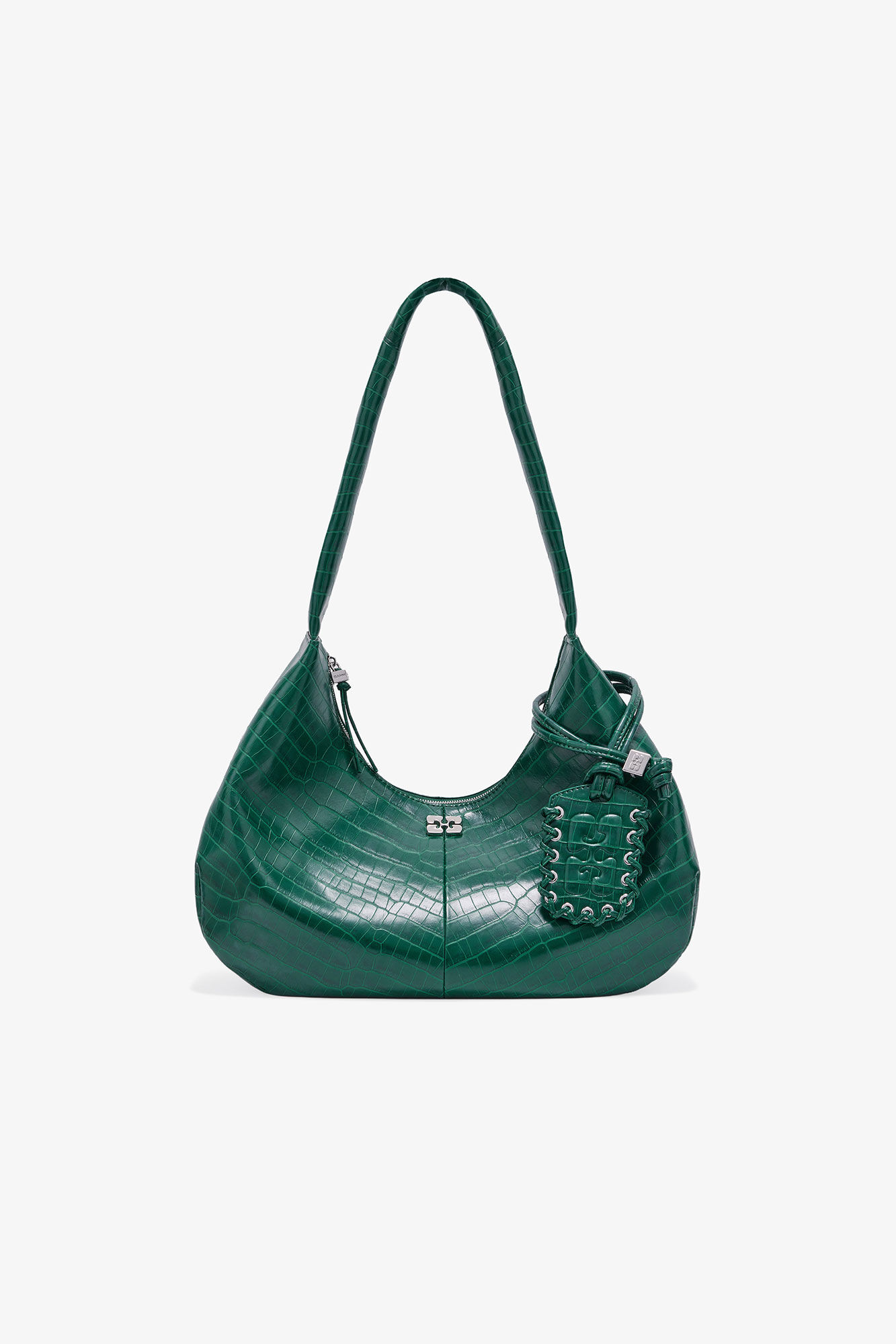 Green Croco Medium Hobo Bag, Lyocell, in colour Pineneedle - 1 - GANNI