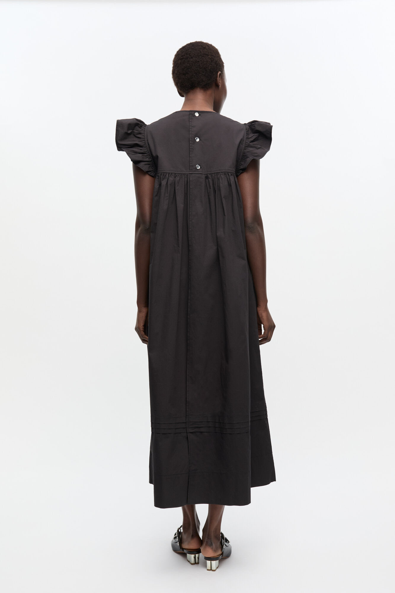 Black Stretch Cotton Frill Sleeve Dress, Elastane, in colour Black - 2 - GANNI