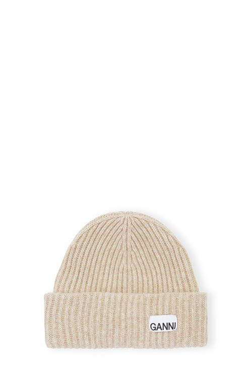 Ganni Loose Wool Rib Knit Beanie In Brazilian Sand