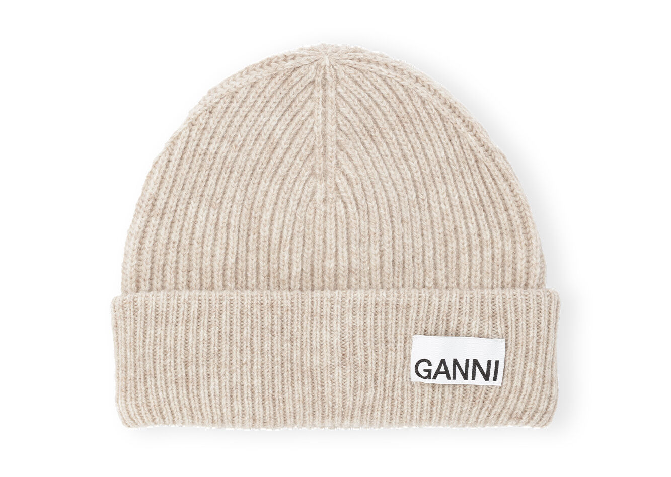 Sand Fitted Wool Rib Knit Beanie GANNI US