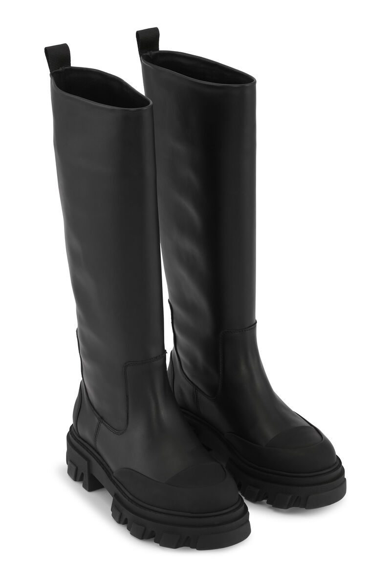 Cleated High Tubular Boots, Leather, in colour Black - 3 - GANNI