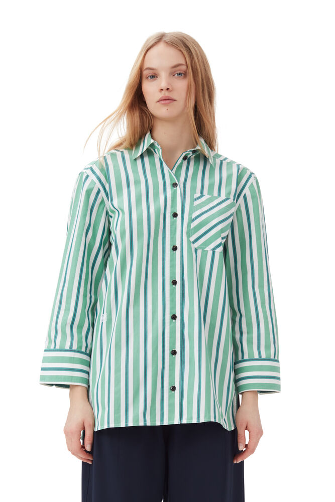 GANNI Green Striped Cotton Oversized Shirt,Creme de Menthe