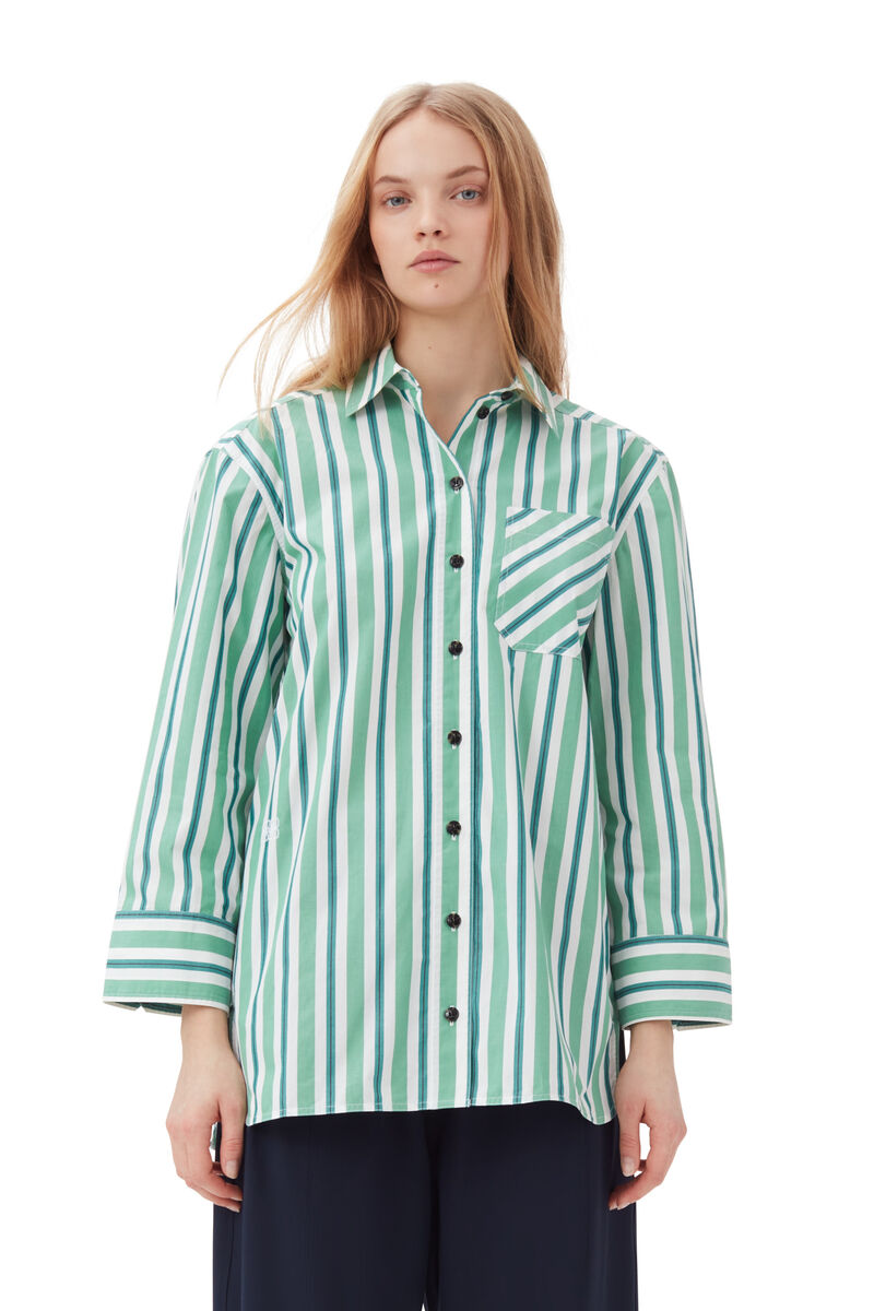 Green Striped Cotton Oversized Shirt, Cotton, in colour Creme de Menthe - 1 - GANNI