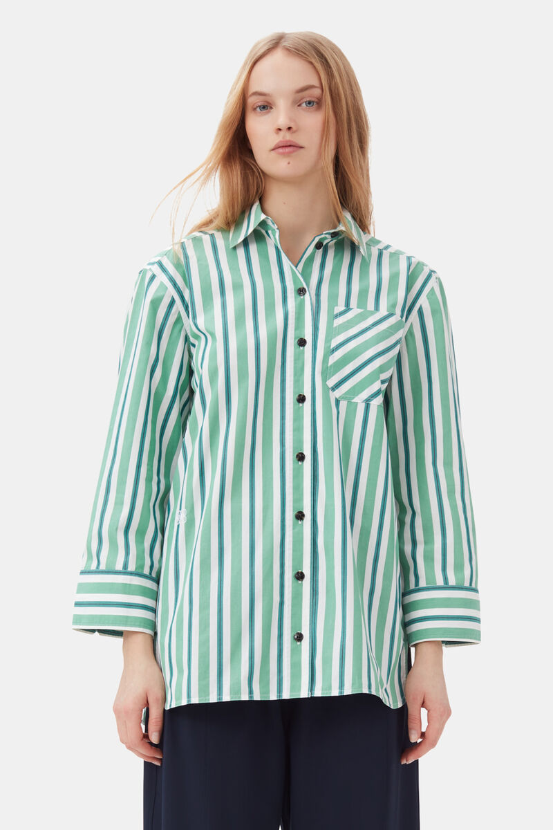 Creme de Menthe Green Striped Cotton Oversized Shirt | GANNI US