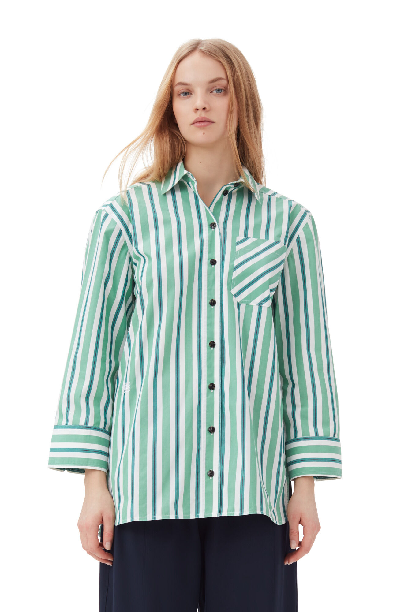 Creme de Menthe Green Striped Cotton Oversized Shirt | GANNI