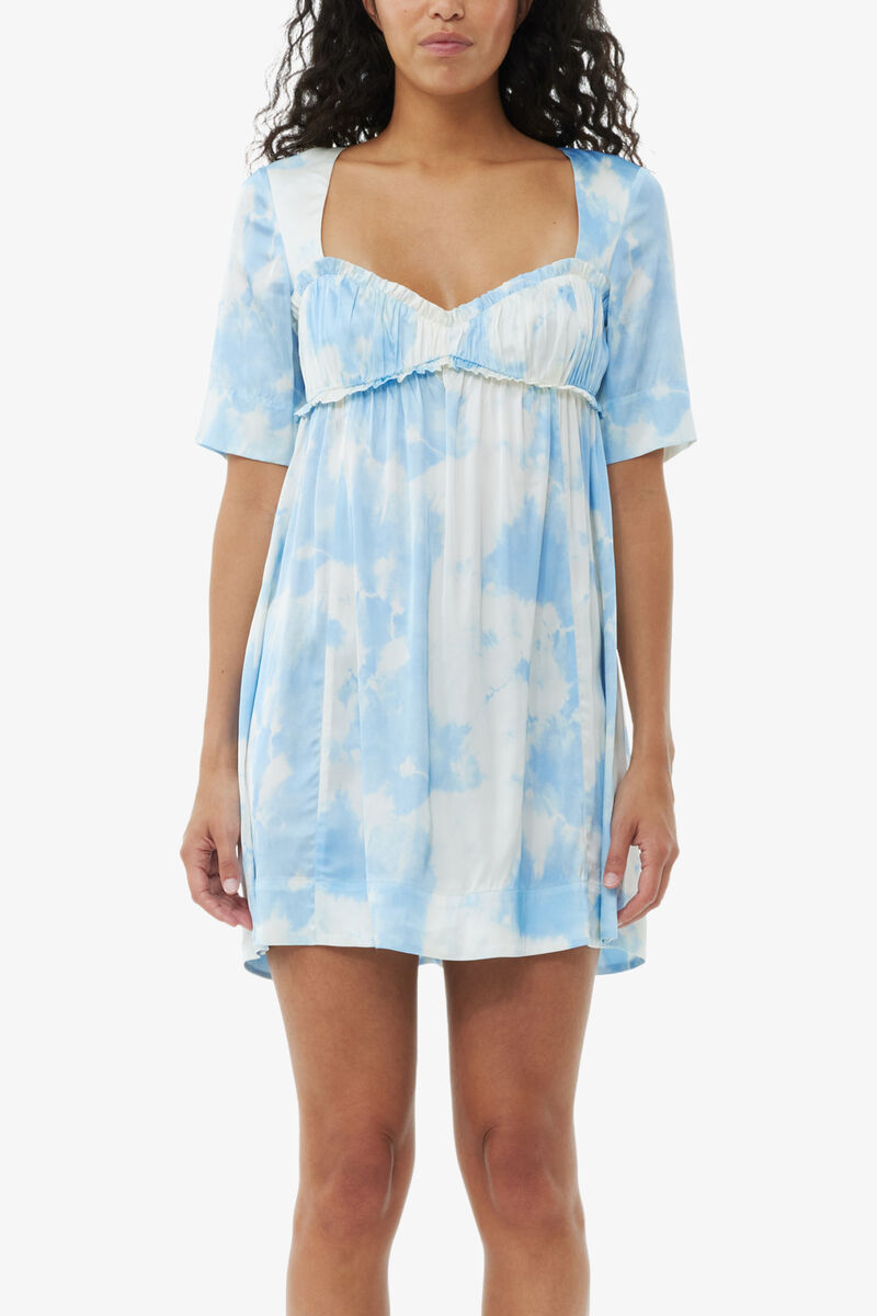 Printed Satin Short Sleeve Mini Dress, Elastane, in colour Powder Blue - 2 - GANNI