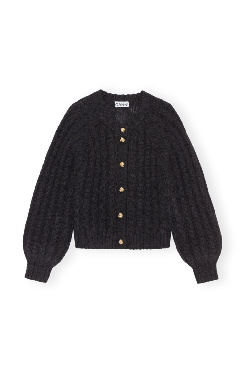 Cable Cardigan, Merino Wool, in colour Black - 1 - GANNI