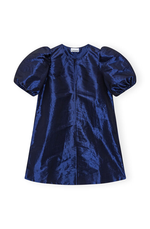 Ganni Short Sleeve Blue Shiny Taffeta Mini Dress In Sodalite Blue
