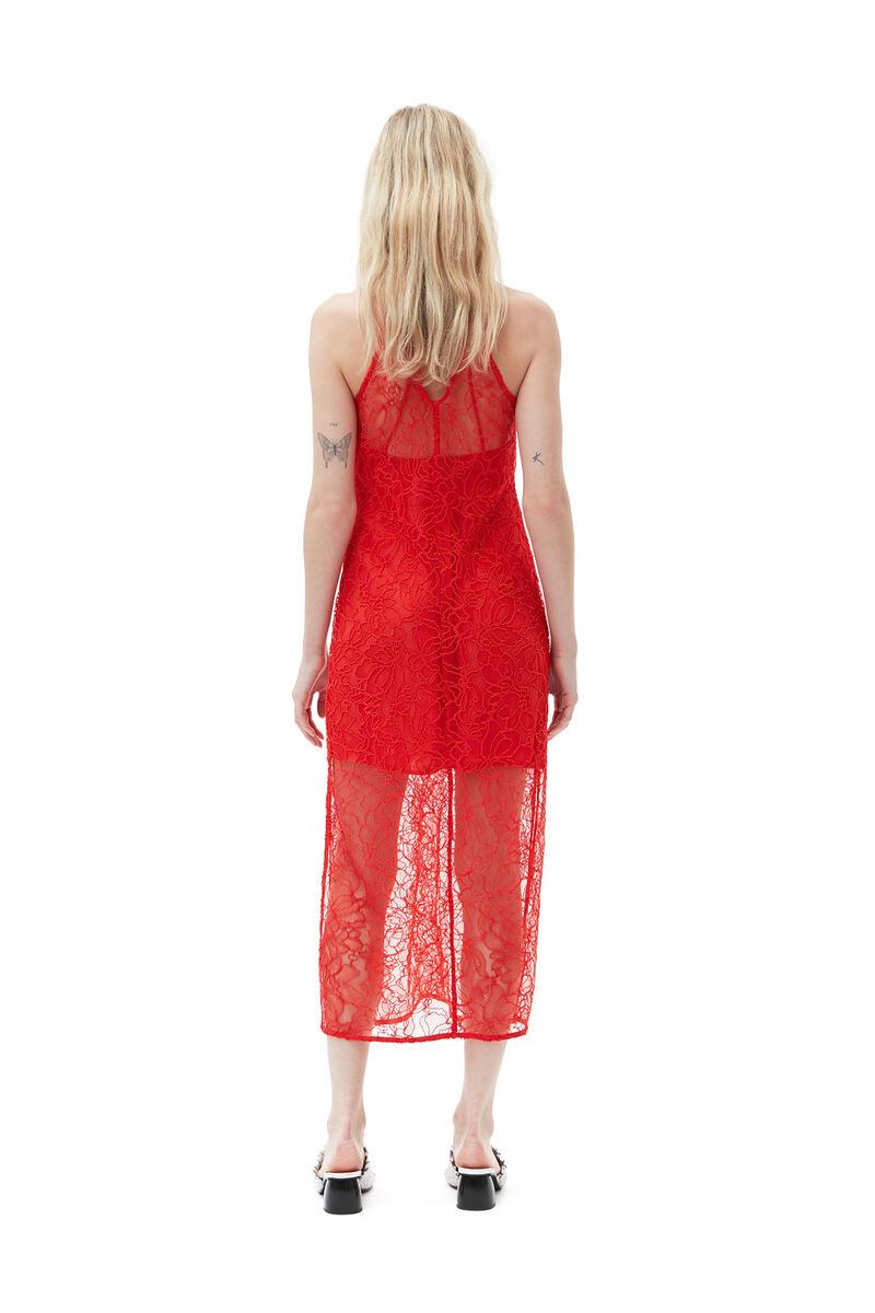 Red Lace Halter Neck Dress, Organic Cotton, in colour Red Alert - 2 - GANNI
