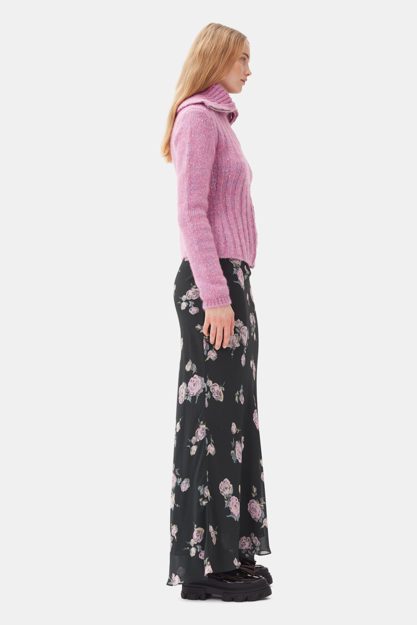 Pink Highneck Zip Cardigan, Alpaca, in colour Rose Violet - 3 - GANNI