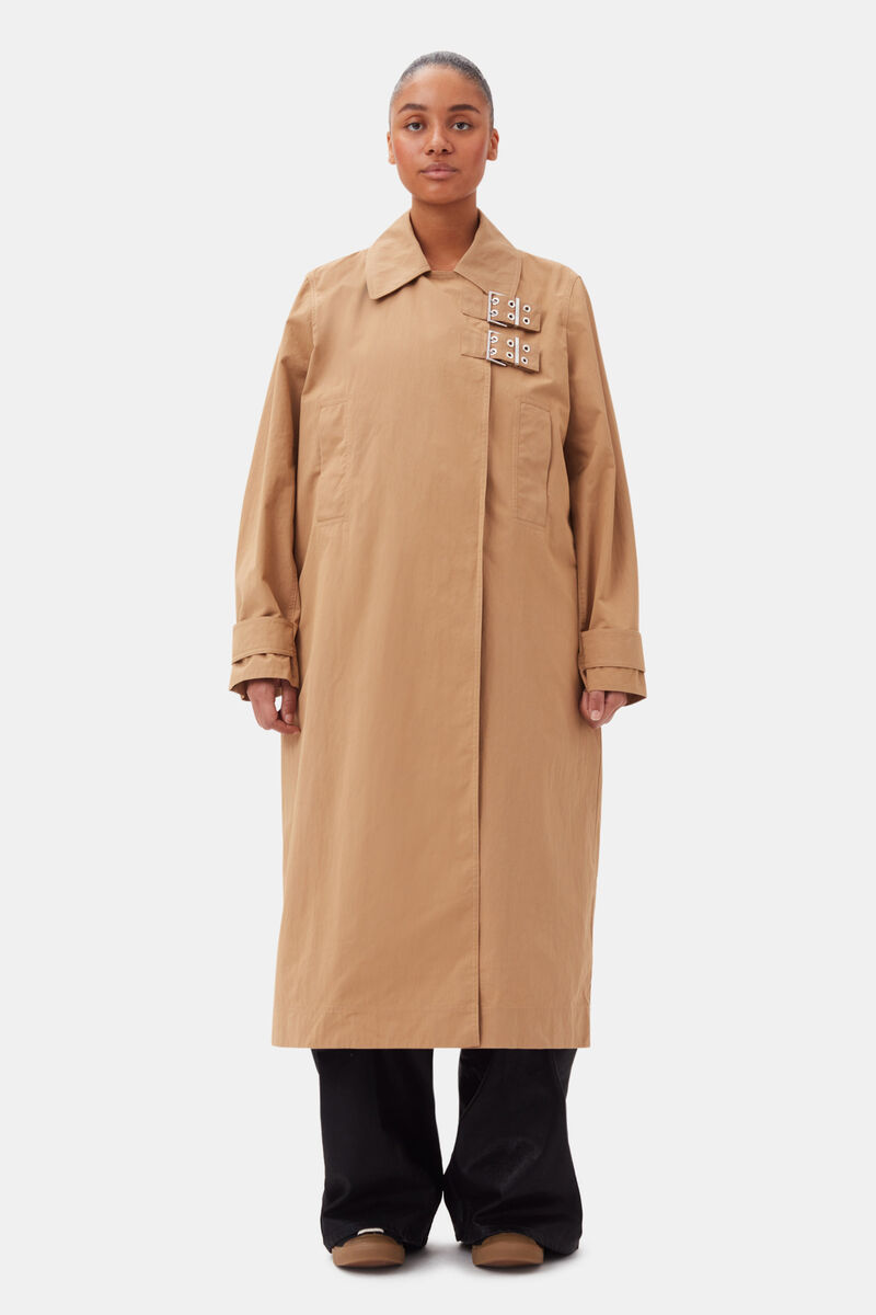 Beige Cotton Twill Buckle Coat, Nylon, in colour Tiger's Eye - 5 - GANNI