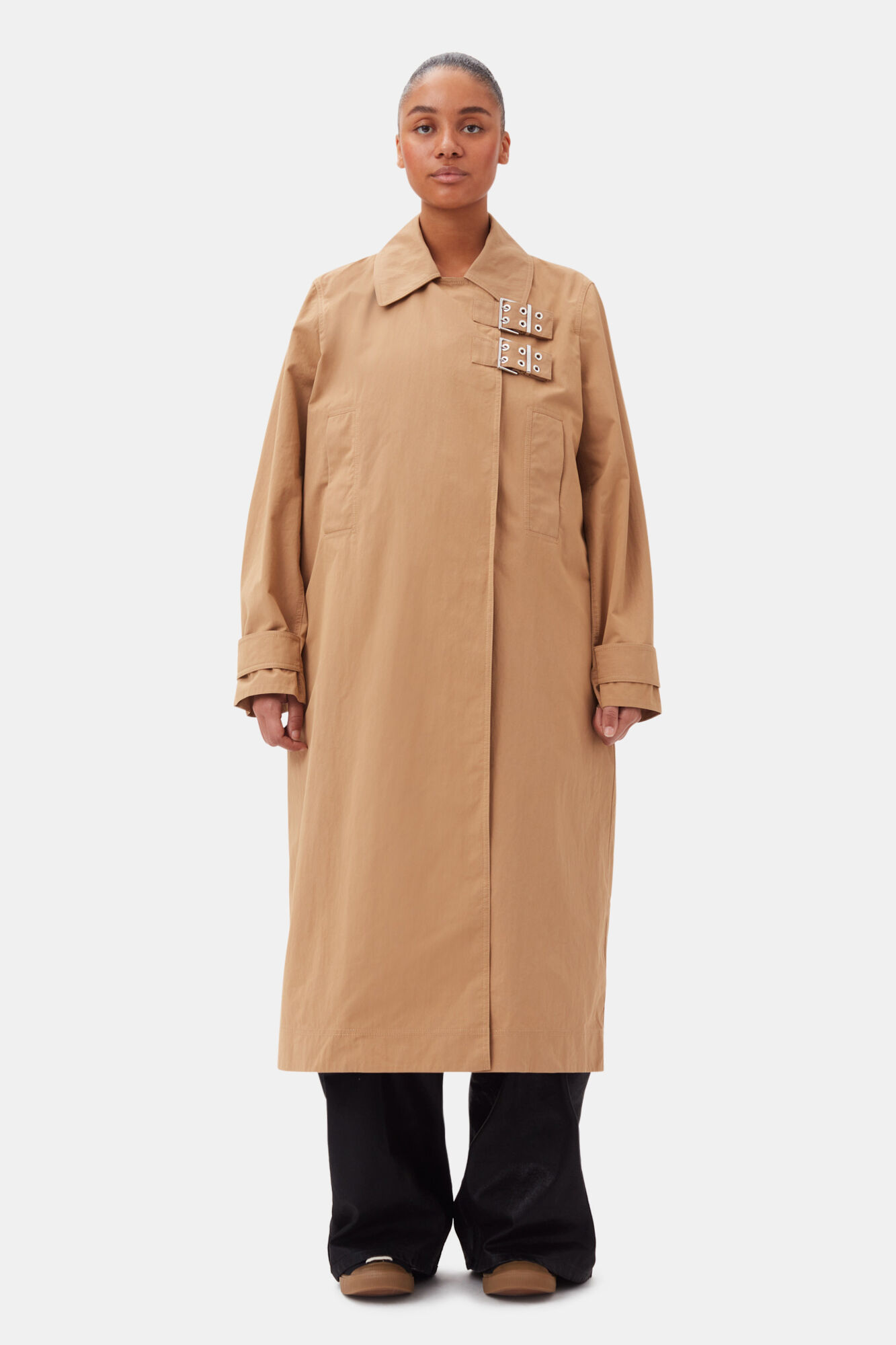 Beige Cotton Twill Buckle Coat, Nylon, in colour Tiger's Eye - 5 - GANNI