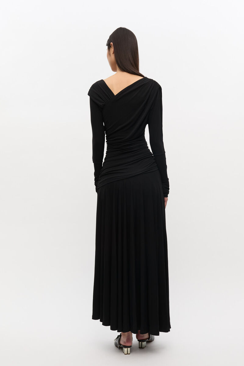 Svart kjole med rynker, Viscose, in colour Black - 2 - GANNI