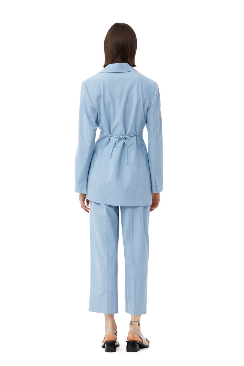 Blue Drapey Melange Tiestring Blazer, Elastane, in colour Powder Blue - 2 - GANNI