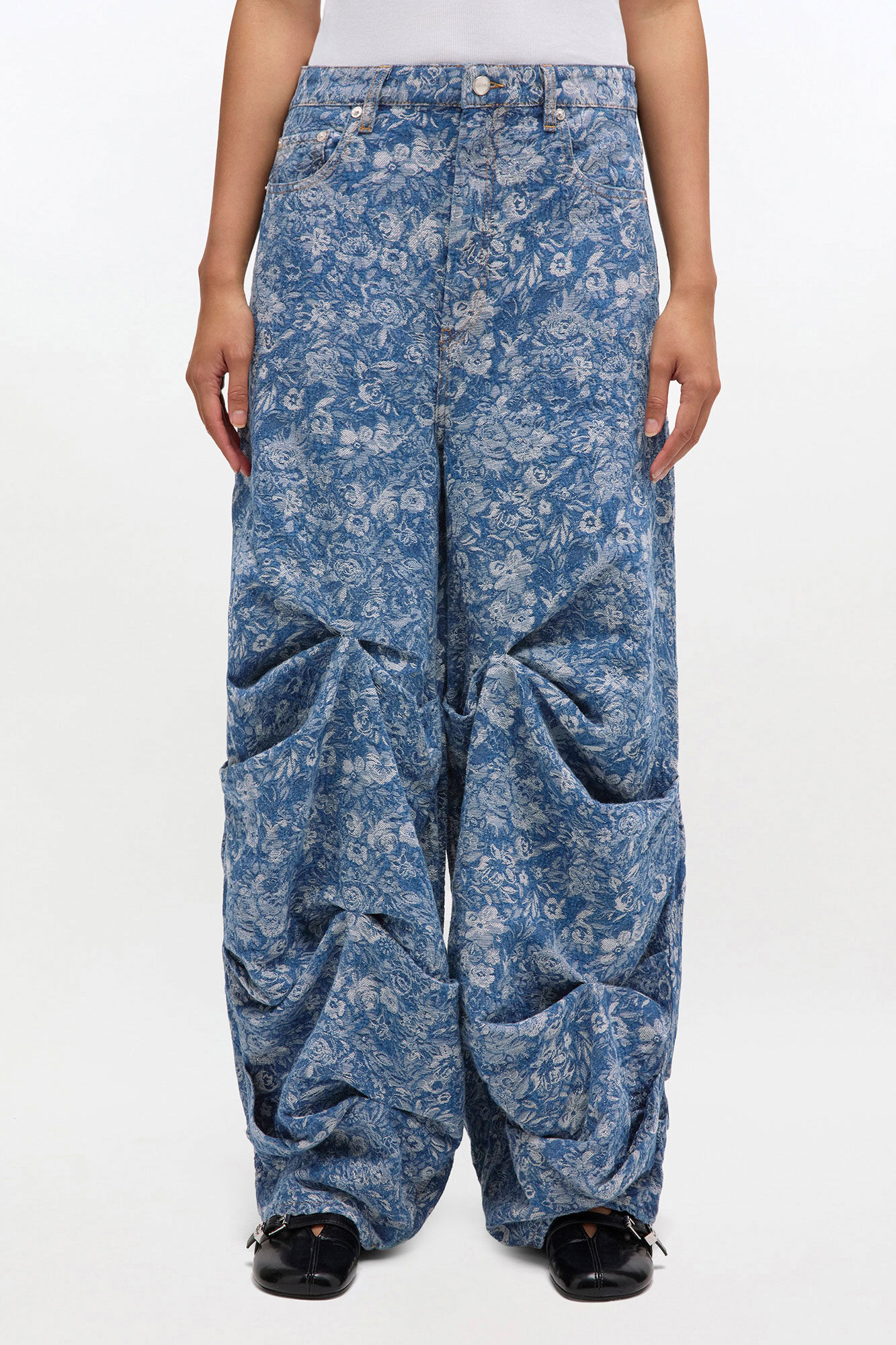 Blue Tapestry Draped Jeans, Cotton, in colour Mid Blue Stone - 2 - GANNI