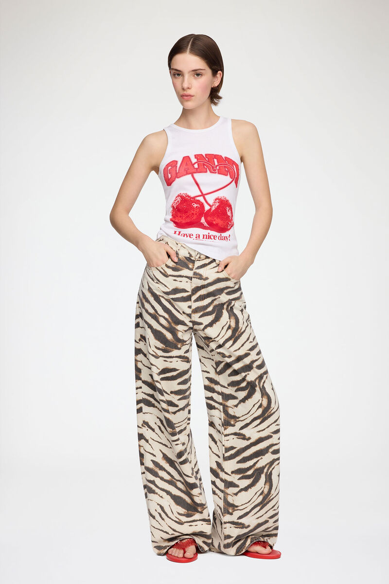 Lari Wide Jeans in Zebra Denim, Organic Cotton, in colour Egret - 1 - GANNI