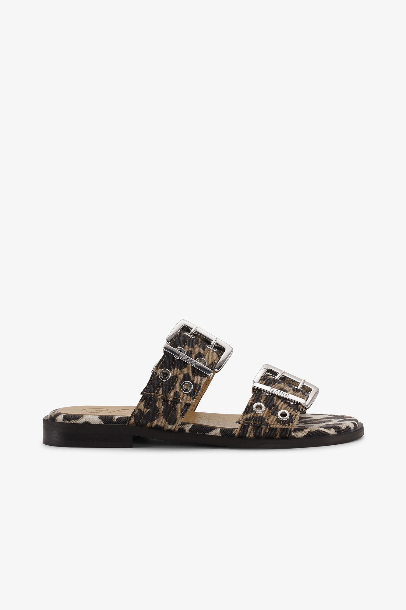 Sandales à deux sangles en denim et imprimé léopard, Cotton, in colour Leopard - 1 - GANNI
