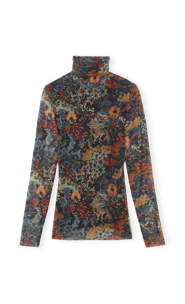 Printed Mesh Long Sleeve Fitted Rollneck, Nylon, in colour Butternut - 1 - GANNI