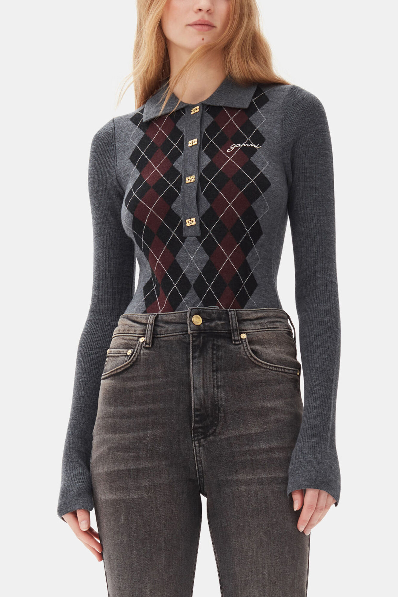 Grey Knitted Polo Shirt, Merino Wool, in colour Frost Gray - 1 - GANNI