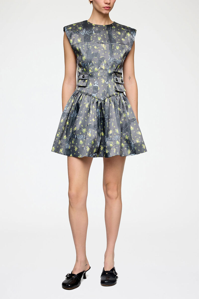 Dress in Printed Satin, Recycled Polyester, in colour Black Sand - 1 - GANNI