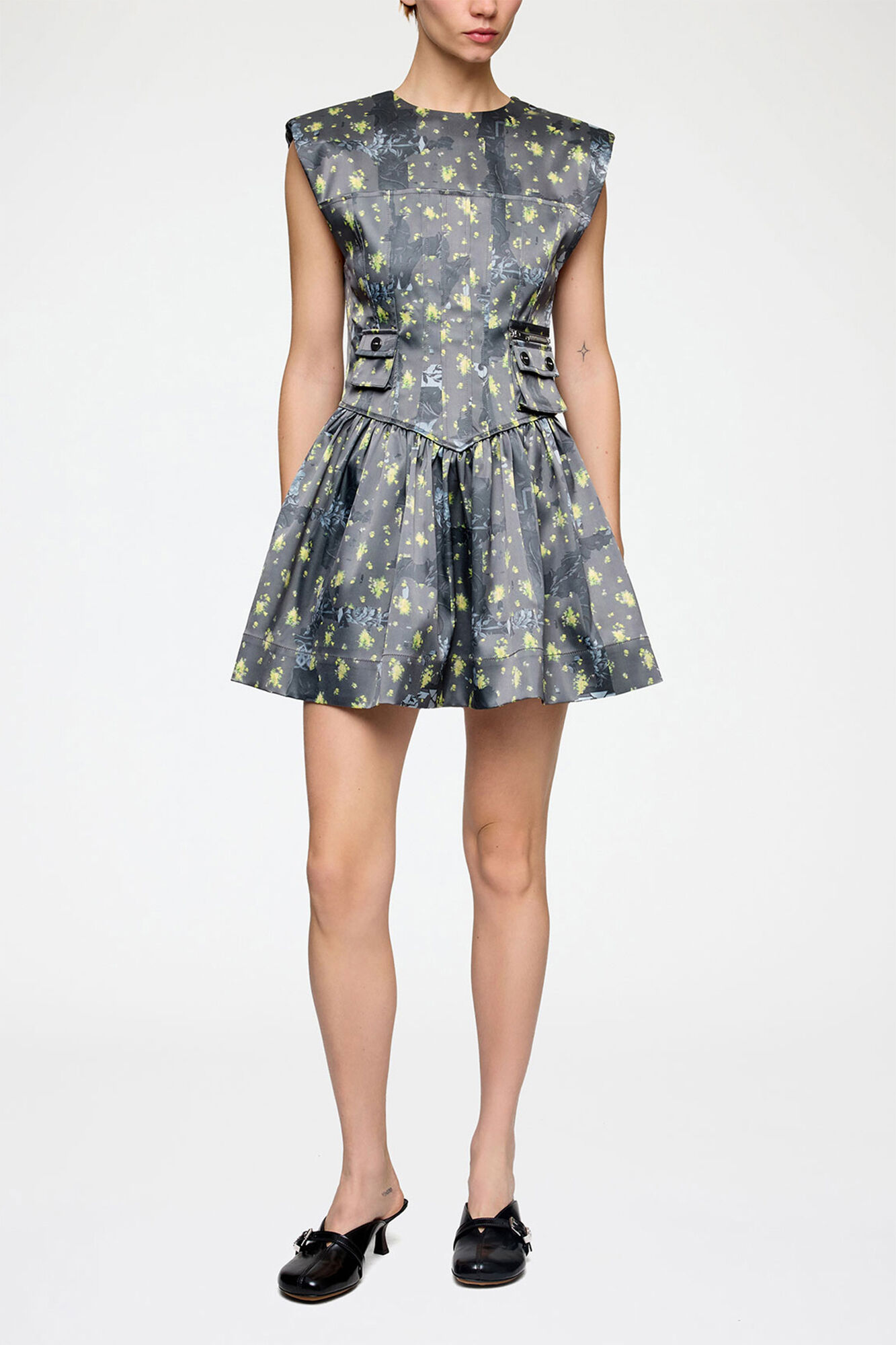 Dress in Printed Satin, Recycled Polyester, in colour Black Sand - 1 - GANNI