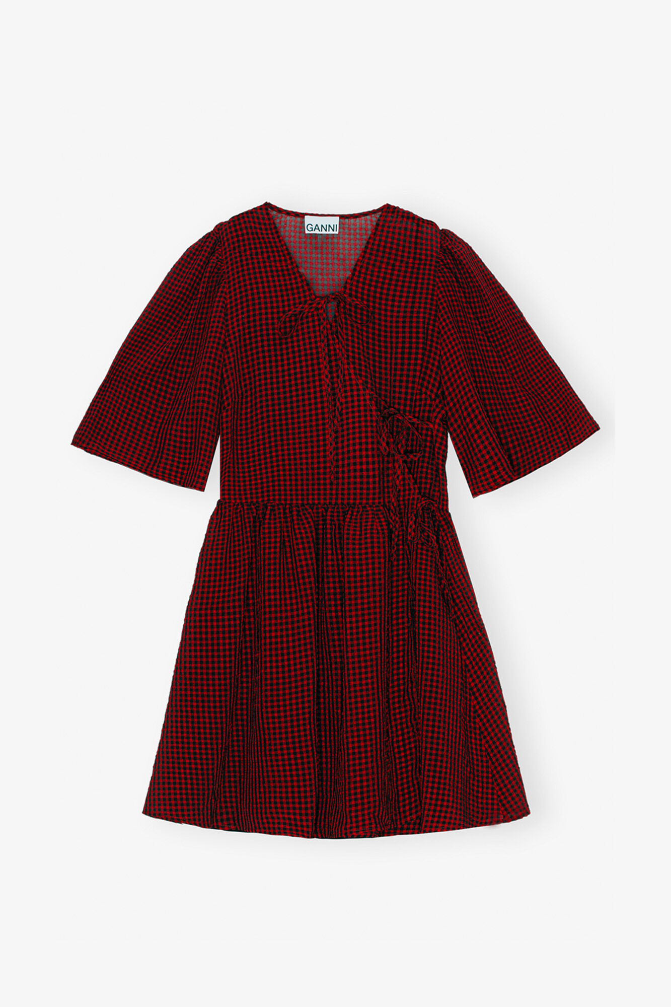 Red Sheer Tie String Wrap Dress, Recycled Polyester, in colour Winery - 1 - GANNI