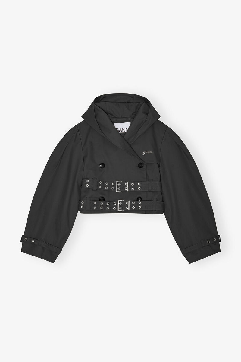 Black Bonded Cotton Short Trench Jacket, Cotton, in colour Black - 1 - GANNI