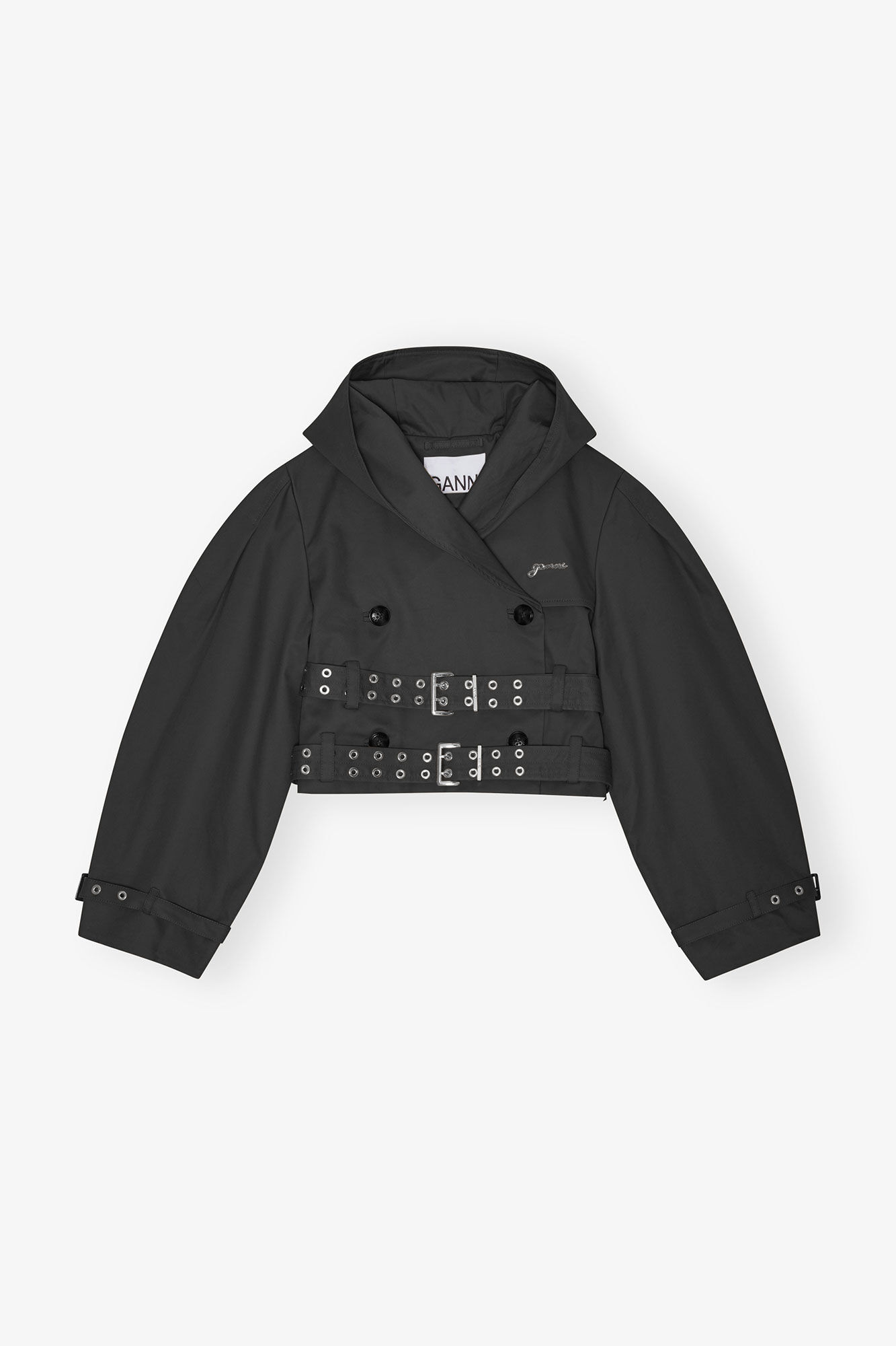 Black Bonded Cotton Short Trench Jacket, Cotton, in colour Black - 1 - GANNI